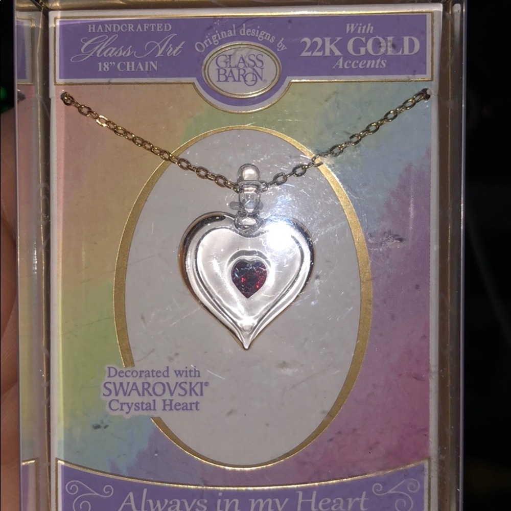 Heart with Red Crystal Pendant approximately 18”